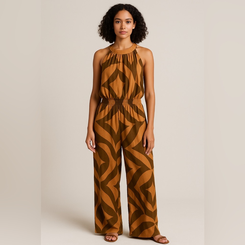 San Lorenzo Tan and Brown Flowy Jumpsuit